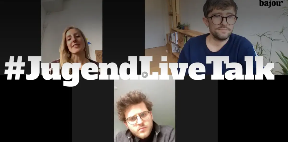 Vorschaubild eines JugendLiveTalks mit drei Gesprächsteilnehmenden in einer digitalen Liveschaltung